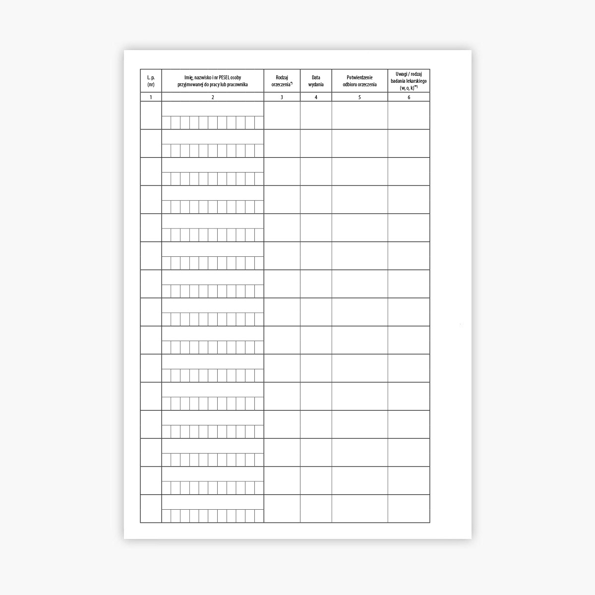 Rejestr wydanych orzeczeń lekarskich - wnętrze - układ tabel