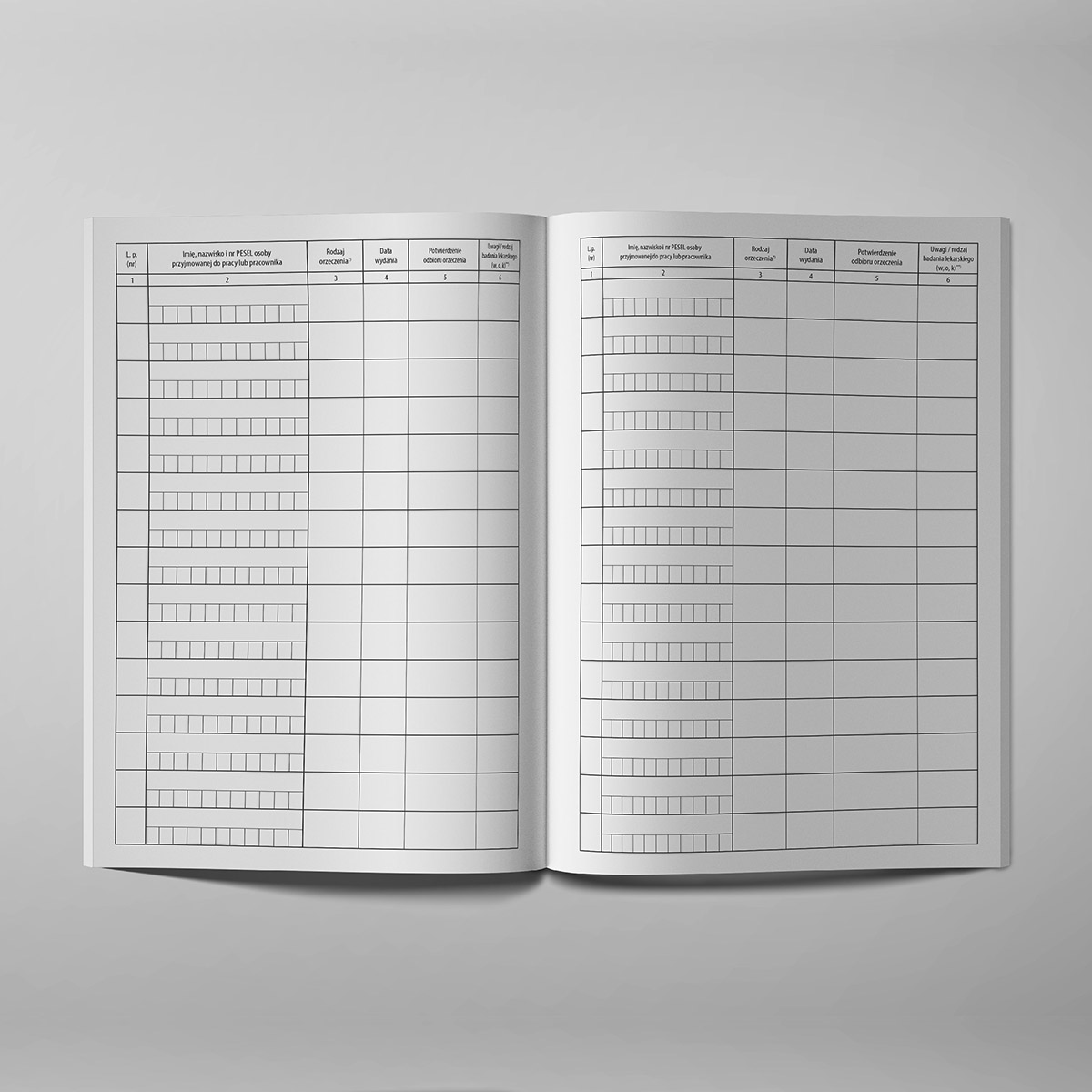 Rejestr wydanych orzeczeń lekarskich - wnętrze - układ tabel
