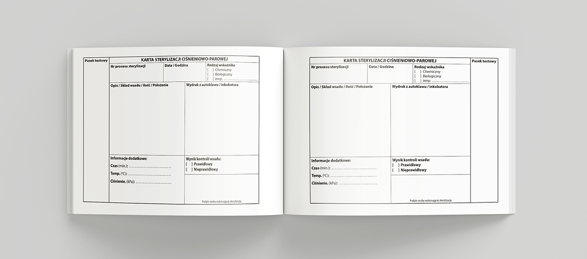 Książka Rejestr procesu sterylizacji narzędzi - wnętrze, układ tabel