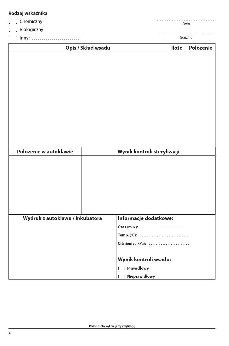 Książka monitoringu procesów sterylizacji - strona wnętrza
